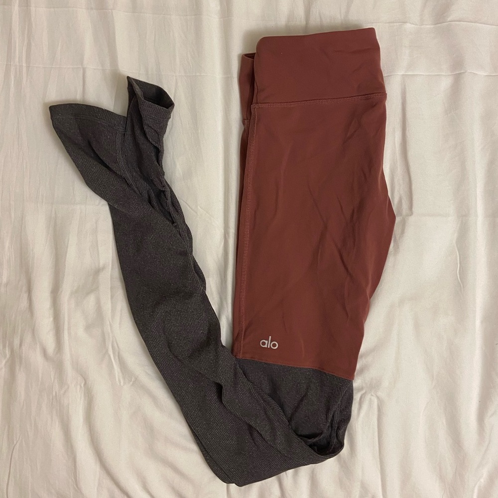 Mauve and grey Alo goddess leggings